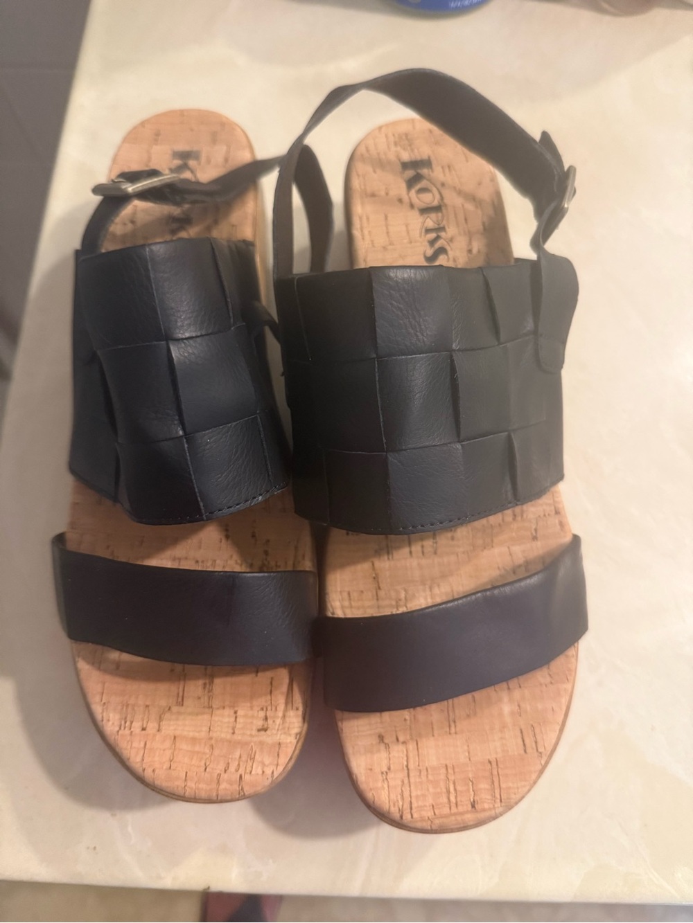 Korks Black Woven Leather Cork Sandals with Slingback